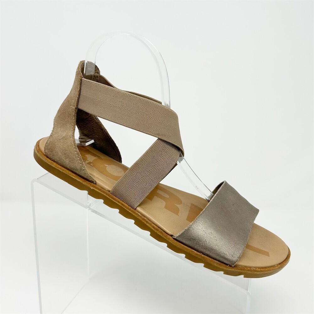 Sorel Ella II Flat Strappy Sandals Metallic Taupe Gold Slip-On Size 9 (EU 40)